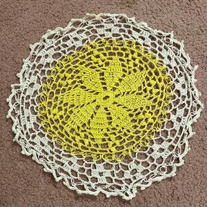 VTG HAND CROCHETED DOILY 11.5” White Yellow Vintage Handmade Flower